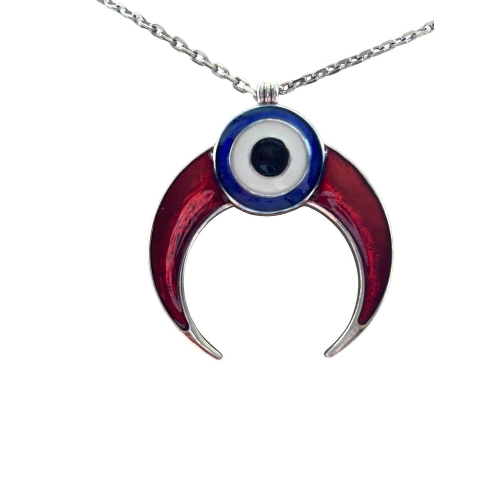 Red & Blue Evil Eye Pendant Necklace With Crescent Design On Silver Chain